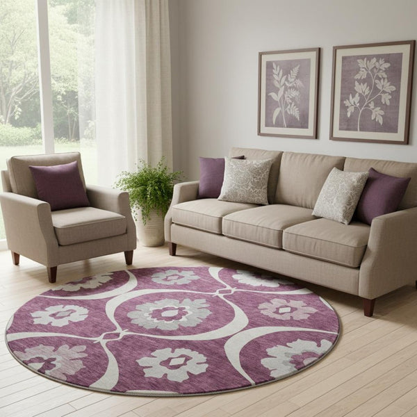 HomeRoots 8' Eggplant Medallion Round Rug - Washable, UV Protected, Durable & Stylish for Every Room 668044