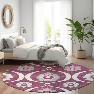 HomeRoots 8' Eggplant Medallion Round Rug - Washable, UV Protected, Durable & Stylish for Every Room 668044