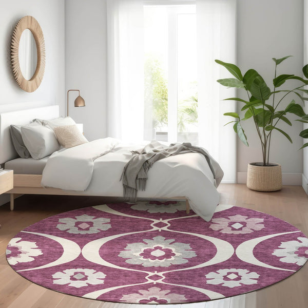 HomeRoots 8' Eggplant Medallion Round Rug - Washable, UV Protected, Durable & Stylish for Every Room 668044