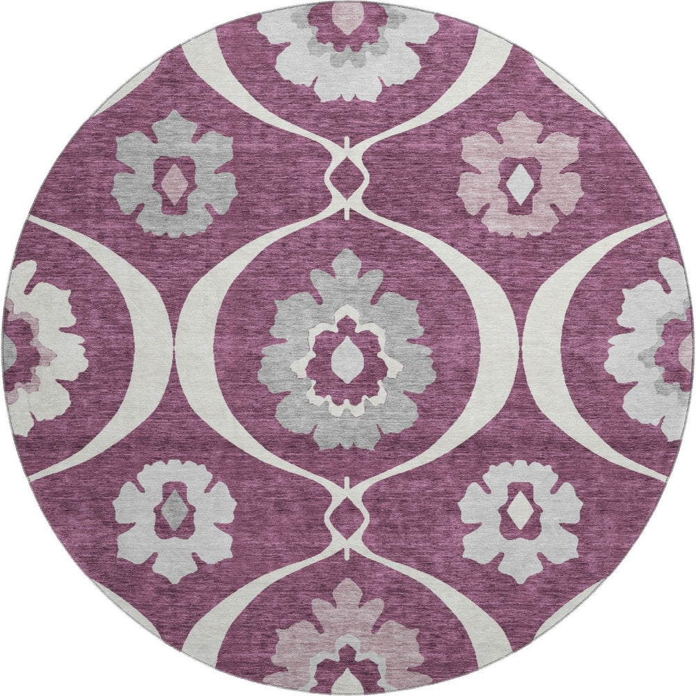 HomeRoots 8' Eggplant Medallion Round Rug - Washable, UV Protected, Durable & Stylish for Every Room 668044