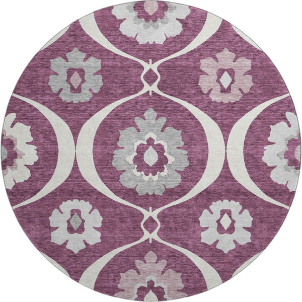 HomeRoots 8' Eggplant Medallion Round Rug - Washable, UV Protected, Durable & Stylish for Every Room 668044