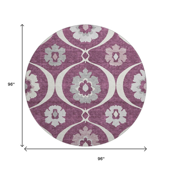 HomeRoots 8' Eggplant Medallion Round Rug - Washable, UV Protected, Durable & Stylish for Every Room 668044
