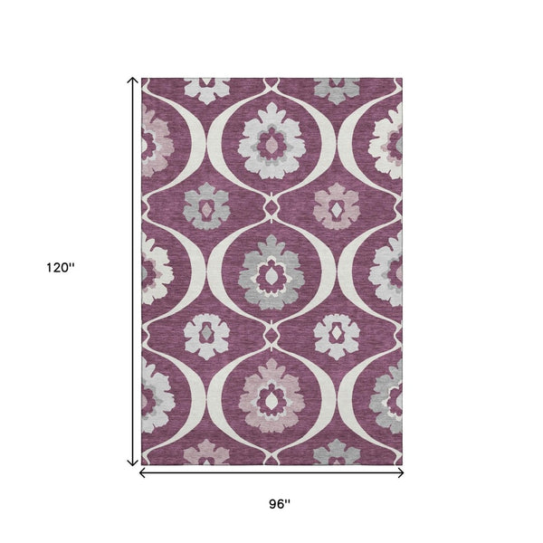 HomeRoots 8' X 10' Eggplant & Ivory Medallion Area Rug - Washable, Stain-Resistant with UV Protection & Style 668045