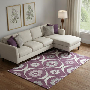 HomeRoots 9' Elegant Eggplant & Ivory Medallion Area Rug - Washable, Stain Resistant, UV Protected, Durable Design 668046