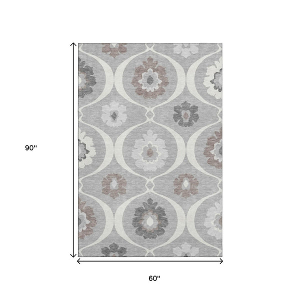 HomeRoots 5' X 8' Gray and Ivory Medallion Area Rug – Stylish, Washable, UV-Protected, Ideal for Busy Homes! 668049