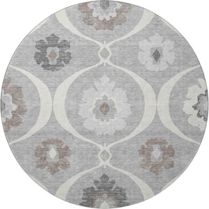 HomeRoots 8' Washable Gray and Ivory Medallion Round Rug - Durable, UV Protected, Perfect for Family Spaces! 668050
