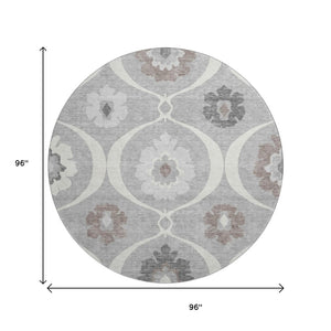 HomeRoots 8' Washable Gray and Ivory Medallion Round Rug - Durable, UV Protected, Perfect for Family Spaces! 668050