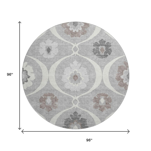 HomeRoots 8' Washable Gray and Ivory Medallion Round Rug - Durable, UV Protected, Perfect for Family Spaces! 668050