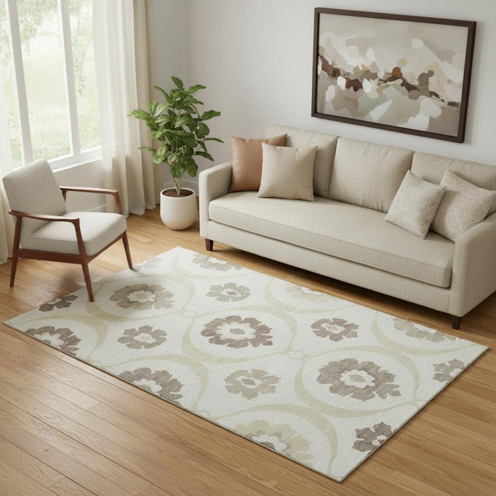 HomeRoots 5' X 8' Timeless Ivory and Beige Medallion Washable Area Rug - Durable, UV Protected, Easy Care! 668055