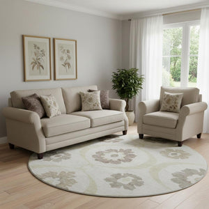 HomeRoots 8' Ivory and Beige Medallion Round Rug - Washable, Stain Resistant, UV Protected for High-Traffic Areas 668056