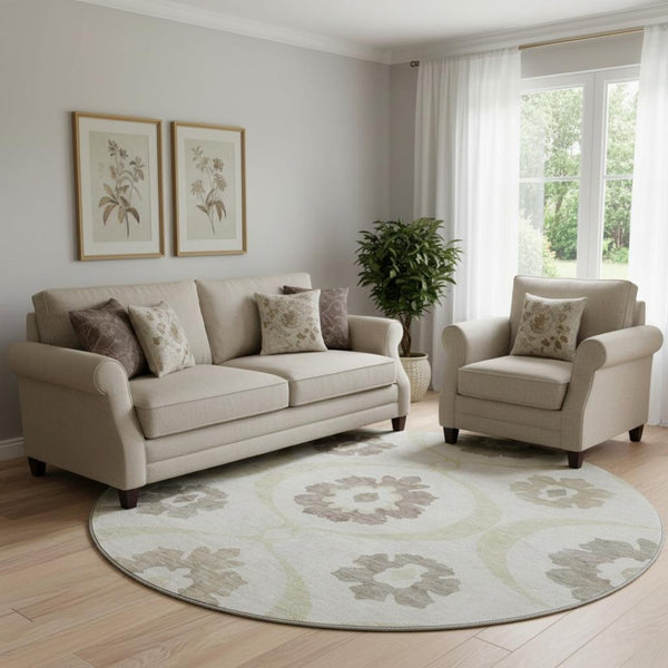 HomeRoots 8' Ivory and Beige Medallion Round Rug - Washable, Stain Resistant, UV Protected for High-Traffic Areas 668056