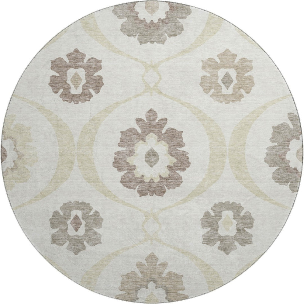 HomeRoots 8' Ivory and Beige Medallion Round Rug - Washable, Stain Resistant, UV Protected for High-Traffic Areas 668056