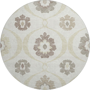 HomeRoots 8' Ivory and Beige Medallion Round Rug - Washable, Stain Resistant, UV Protected for High-Traffic Areas 668056