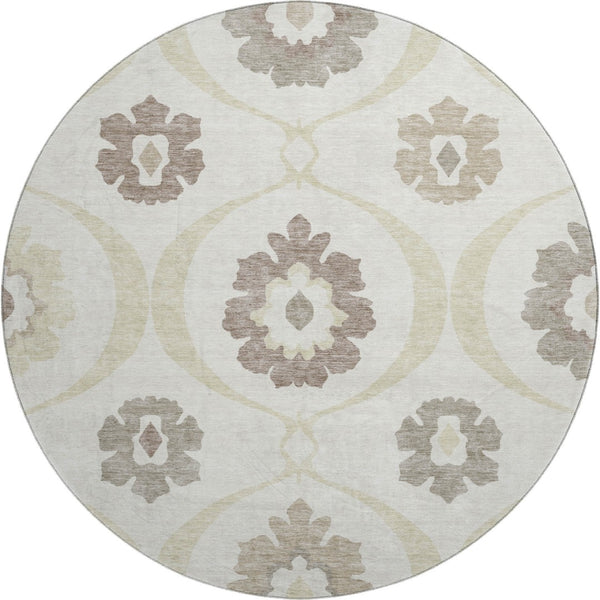 HomeRoots 8' Ivory and Beige Medallion Round Rug - Washable, Stain Resistant, UV Protected for High-Traffic Areas 668056