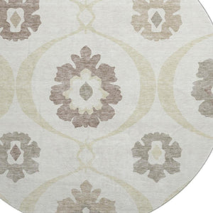 HomeRoots 8' Ivory and Beige Medallion Round Rug - Washable, Stain Resistant, UV Protected for High-Traffic Areas 668056