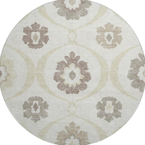 HomeRoots 8' Ivory and Beige Medallion Round Rug - Washable, Stain Resistant, UV Protected for High-Traffic Areas 668056