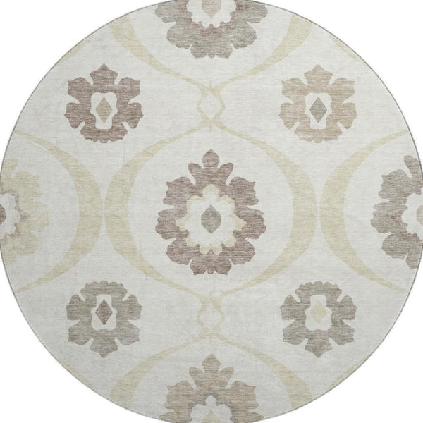 HomeRoots 8' Ivory and Beige Medallion Round Rug - Washable, Stain Resistant, UV Protected for High-Traffic Areas 668056