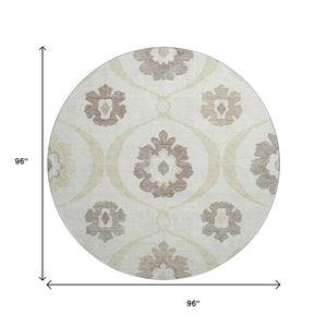 HomeRoots 8' Ivory and Beige Medallion Round Rug - Washable, Stain Resistant, UV Protected for High-Traffic Areas 668056