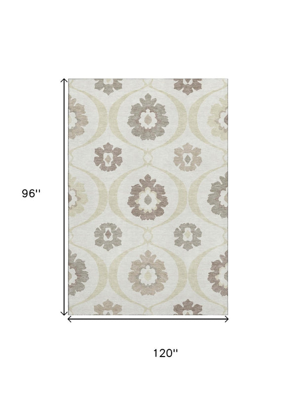 HomeRoots 8' X 10' Ivory and Beige Medallion Area Rug - Washable, UV Protected, Durable Design for High-Traffic Homes 668057