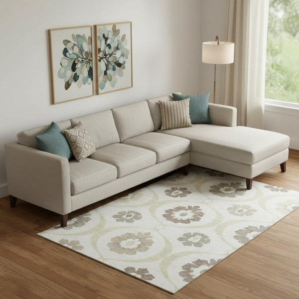 HomeRoots 9' X 12' Medallion Washable Area Rug - Elegant Ivory & Beige with UV Protection for Busy Homes 668058
