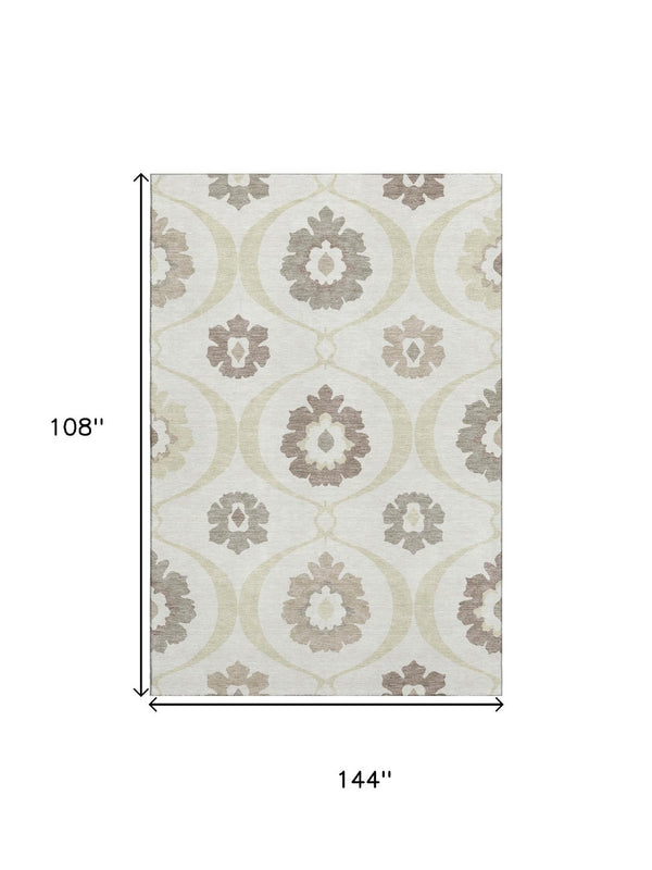 HomeRoots 9' X 12' Medallion Washable Area Rug - Elegant Ivory & Beige with UV Protection for Busy Homes 668058