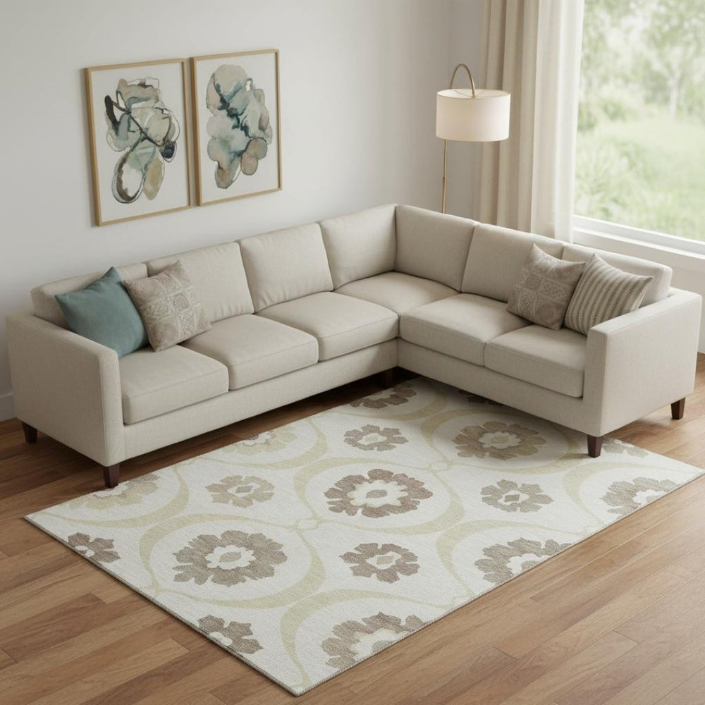 HomeRoots 10' X 14' Ivory and Beige Medallion Area Rug - Washable, UV-Protected, Perfect for Busy Homes! 668059