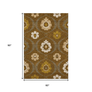 HomeRoots 5' X 8' Coffee Gold Beige Medallion Area Rug – Washable, UV Protected, Durable for High-Traffic Spaces 668061