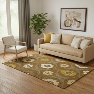 HomeRoots 5' X 8' Coffee Gold Beige Medallion Area Rug – Washable, UV Protected, Durable for High-Traffic Spaces 668061