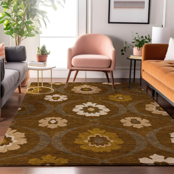 HomeRoots 5' X 8' Coffee Gold Beige Medallion Area Rug – Washable, UV Protected, Durable for High-Traffic Spaces 668061