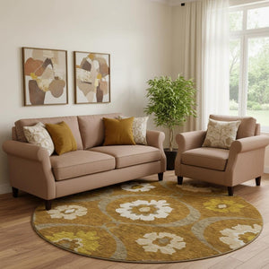 HomeRoots 8' Coffee Gold and Beige Medallion Washable Round Rug - Durable, Stain-Resistant, UV Protected Design 668062