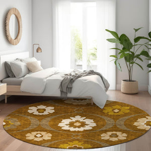 HomeRoots 8' Coffee Gold and Beige Medallion Washable Round Rug - Durable, Stain-Resistant, UV Protected Design 668062