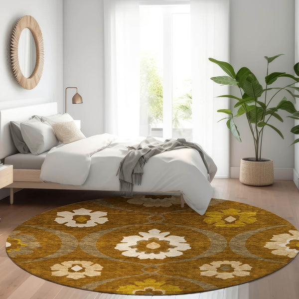 HomeRoots 8' Coffee Gold and Beige Medallion Washable Round Rug - Durable, Stain-Resistant, UV Protected Design 668062