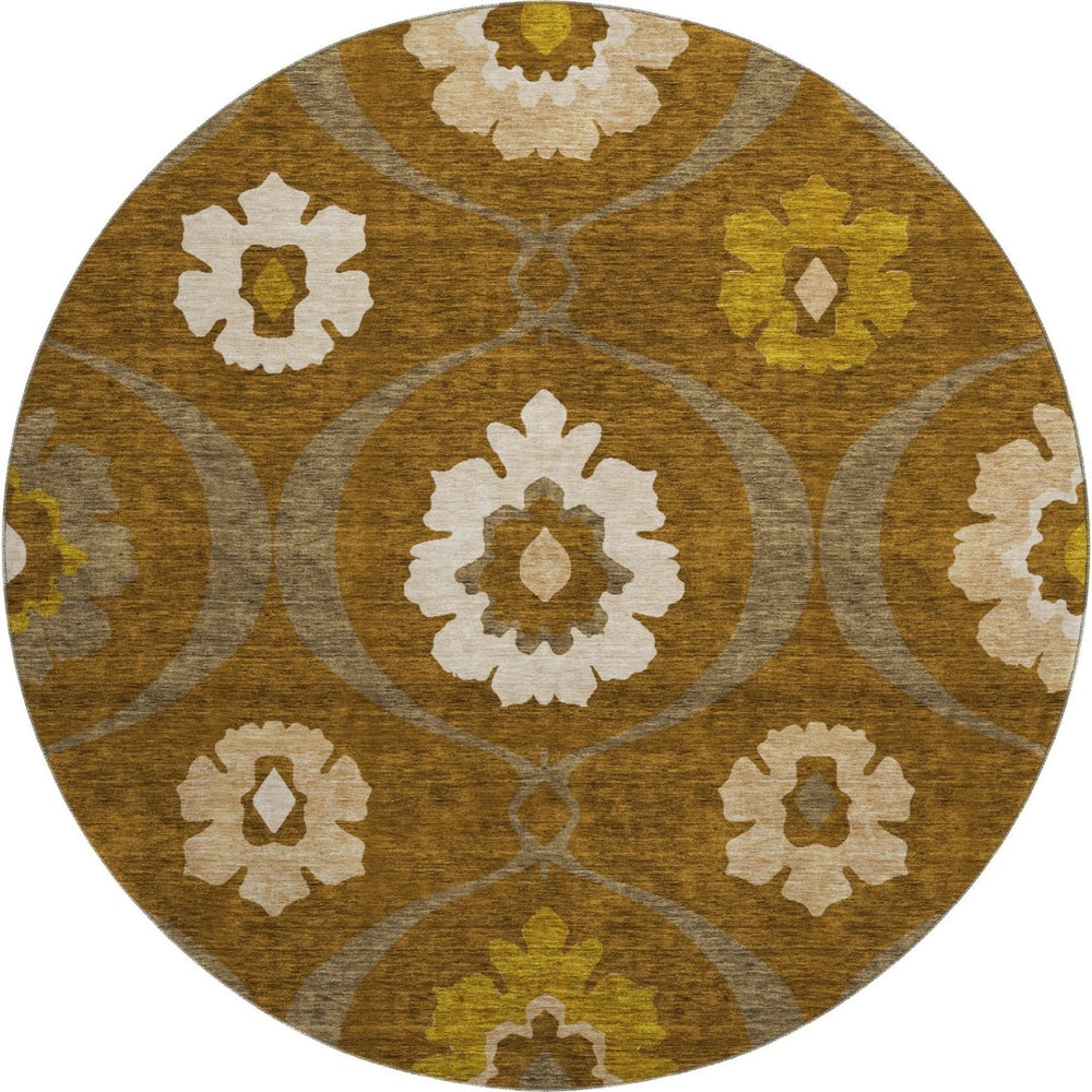 HomeRoots 8' Coffee Gold and Beige Medallion Washable Round Rug - Durable, Stain-Resistant, UV Protected Design 668062