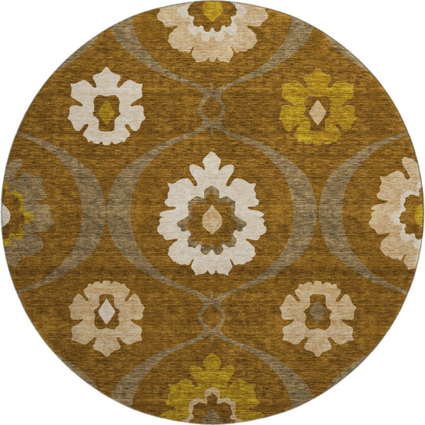 HomeRoots 8' Coffee Gold and Beige Medallion Washable Round Rug - Durable, Stain-Resistant, UV Protected Design 668062
