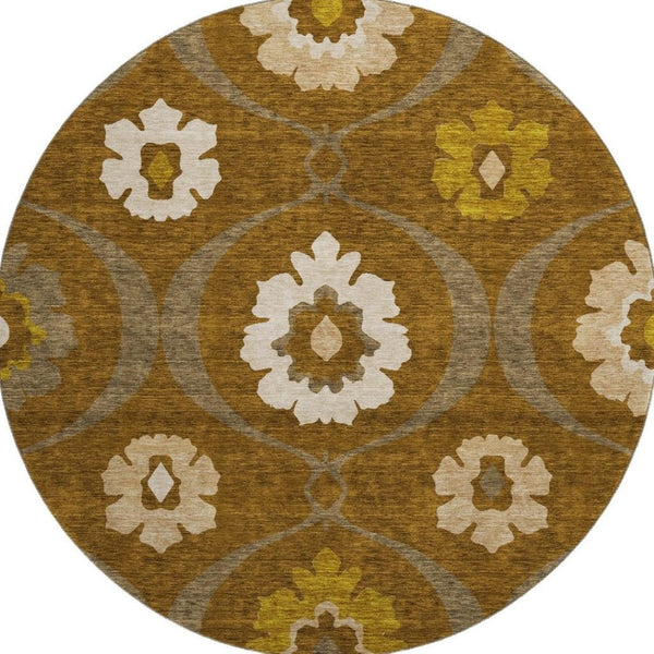 HomeRoots 8' Coffee Gold and Beige Medallion Washable Round Rug - Durable, Stain-Resistant, UV Protected Design 668062
