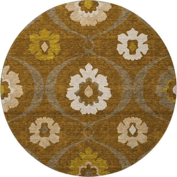 HomeRoots 8' Coffee Gold and Beige Medallion Washable Round Rug - Durable, Stain-Resistant, UV Protected Design 668062