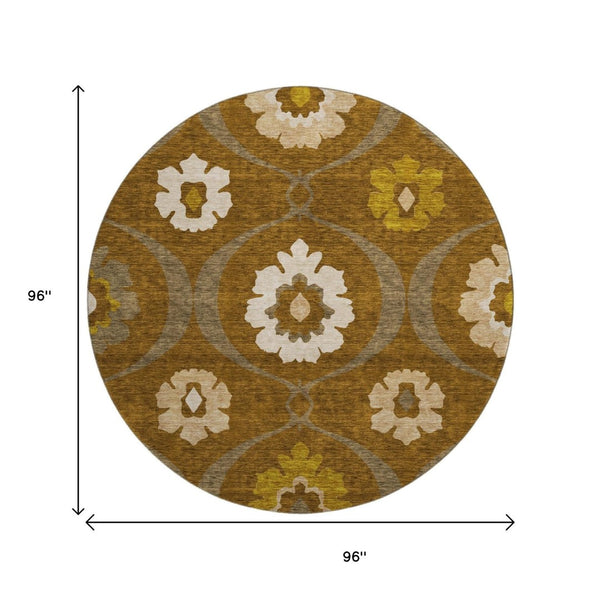 HomeRoots 8' Coffee Gold and Beige Medallion Washable Round Rug - Durable, Stain-Resistant, UV Protected Design 668062