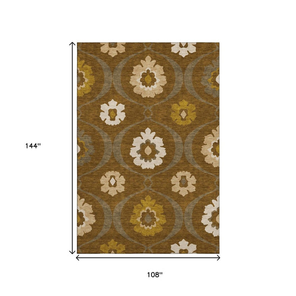 HomeRoots 9' X 12' Coffee Gold & Beige Medallion Area Rug - Washable, Stain-Resistant & UV Protected for Durability 668064