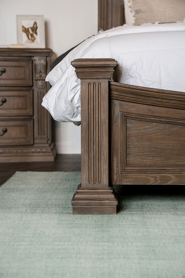 English Elm Formal Weathered Panel Queen Bed with Carved Dentil Moldings, Reeded Posts and Rustic Finish Oak 83 L x 13 W x 6 H B2741S00742