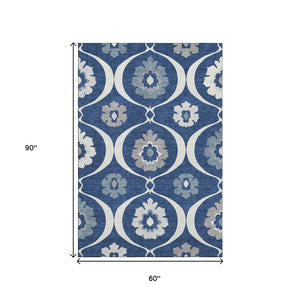 HomeRoots 5' X 8' Navy Blue, Ivory & Gray Medallion Area Rug – Washable, UV Protected & Stain Resistant Elegance 668067