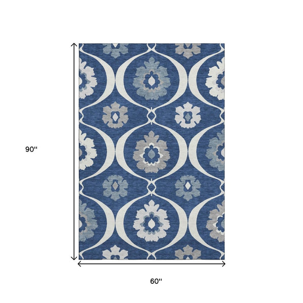 HomeRoots 5' X 8' Navy Blue, Ivory & Gray Medallion Area Rug – Washable, UV Protected & Stain Resistant Elegance 668067