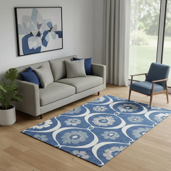 HomeRoots 5' X 8' Navy Blue, Ivory & Gray Medallion Area Rug – Washable, UV Protected & Stain Resistant Elegance 668067