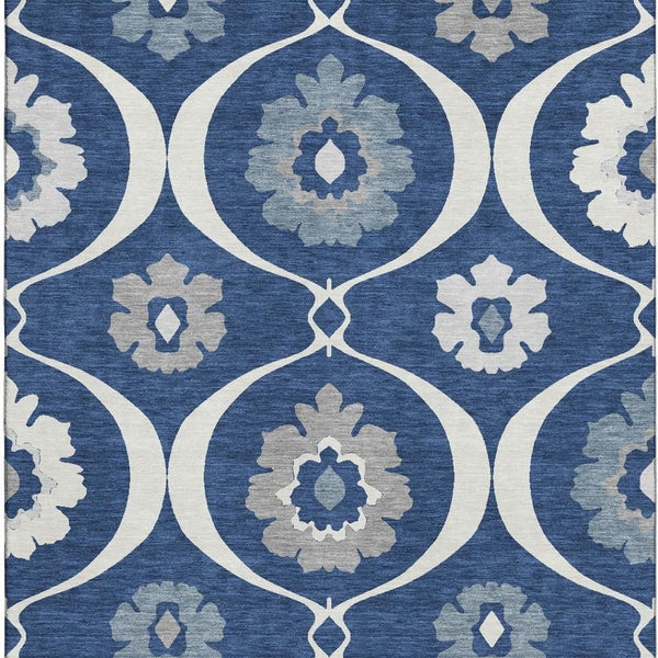 HomeRoots 5' X 8' Navy Blue, Ivory & Gray Medallion Area Rug – Washable, UV Protected & Stain Resistant Elegance 668067