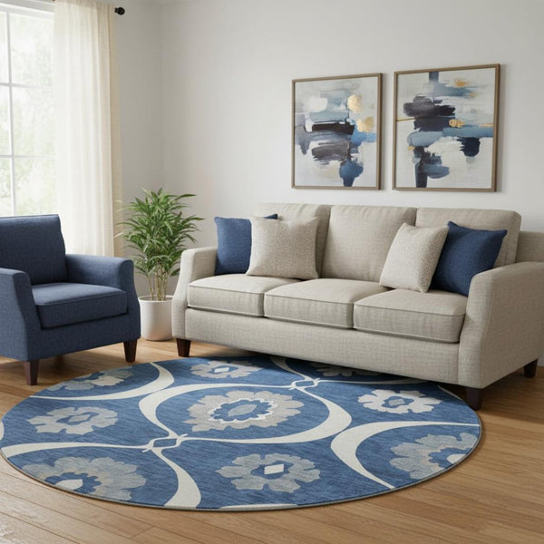 HomeRoots 8' Washable Round Medallion Rug in Navy Blue, Ivory & Gray - Durable, Stain-Resistant, UV Protected! 668068
