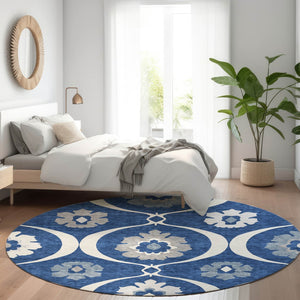 HomeRoots 8' Washable Round Medallion Rug in Navy Blue, Ivory & Gray - Durable, Stain-Resistant, UV Protected! 668068