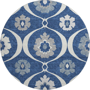 HomeRoots 8' Washable Round Medallion Rug in Navy Blue, Ivory & Gray - Durable, Stain-Resistant, UV Protected! 668068