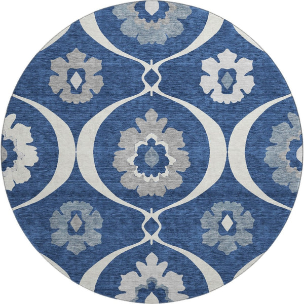 HomeRoots 8' Washable Round Medallion Rug in Navy Blue, Ivory & Gray - Durable, Stain-Resistant, UV Protected! 668068
