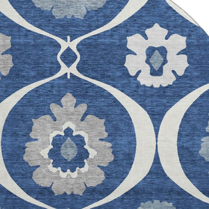 HomeRoots 8' Washable Round Medallion Rug in Navy Blue, Ivory & Gray - Durable, Stain-Resistant, UV Protected! 668068