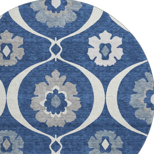 HomeRoots 8' Washable Round Medallion Rug in Navy Blue, Ivory & Gray - Durable, Stain-Resistant, UV Protected! 668068