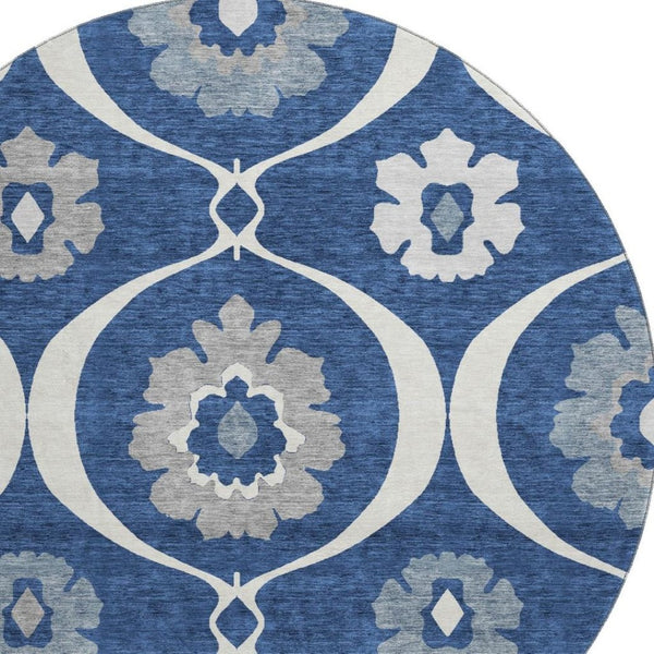 HomeRoots 8' Washable Round Medallion Rug in Navy Blue, Ivory & Gray - Durable, Stain-Resistant, UV Protected! 668068